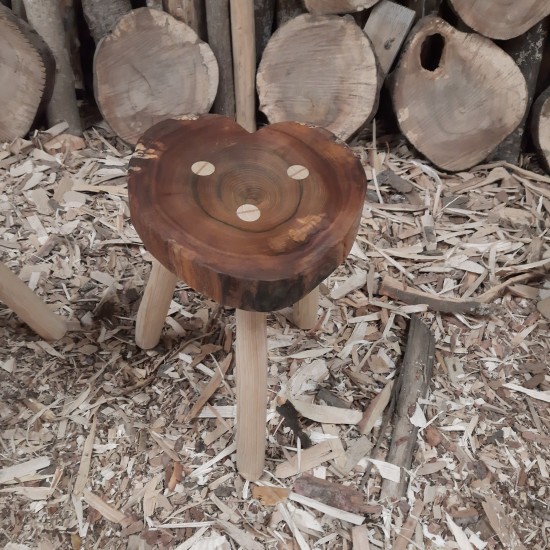 Hand carved heart shaped  Wych Elm Stool with Ash legs