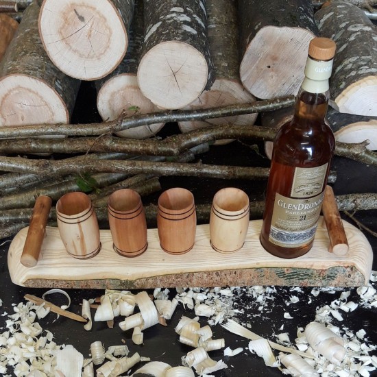 Artisan Natural Edge Offset Ash Stand with 4 Willow Barrel Whisky Tumblers